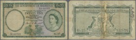 Mauritius: 25 Rupees ND(1954) P. 29, rare denomination of this series, portrait QEII, used with folds and creases, light stain in paper, upper right e...