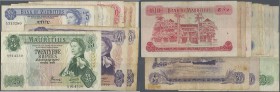 Mauritius: set of 13 banknotes containing 5x 5 Rupees ND(1967) P. 30 (F), 4x 10 Rupees ND(1967) P. 31 (F), 25 Rupees ND(1967) P. 32 (F) and 2x 50 Rupe...