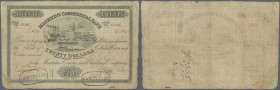 Mauritius: 20 Dollars = 4 Pounds Sterling 1839 P. S125, used with folds and creases, light stain in paper, center hole, lower left edge repaired, cond...