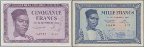 Mali: set of 3 notes containing 50, 100 & 1000 Francs 22.09.1960 P. 1, 2, 4, the first one used with folds no holes or tears, still bright colors, the...