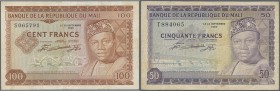 Mali: set of 2 notes containing 50 & 100 Francs 22.09.1960 P. 6, 7, the 50 Francs used with folds and light stain in paper, no holes or tears, still s...