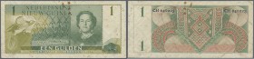 Netherlands New Guinea: 1 Gulden 1954 P. 11, used with light folds, light stain dots in paper but very strong paper with crispness and original colors...