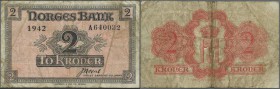 Norway: 2 Kroner 1942 P. 18, several stonger folds and stain in paper, no holes or tears, condition: F-.