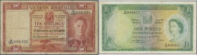 Rhodesia & Nyasaland: pair of 2 notes containing Rhodesia & Nyasaland 1 Pound 1957 P. 21a, S/N X/20 856917, portrait QEII, light folds in paper, press...