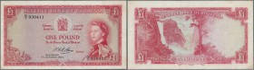 Rhodesia: 1 Pound 05.10.1964 P. 25, portrait QEII, 6 tiny pinholes, vertical and horizontal folds, probably pressed dry, no other holes, no tears, bri...