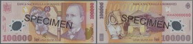 Romania: 100.000 Lei 2001 SPECIMEN, P.114s with soft diagonal bend and a number of small pinholes along the note. Condition: VF