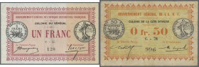 Senegal: pair of two banknotes containing 0.50 Francs 1917 P. 1, S/N G-78 996, with folds and creases, no holes or tears, still nice colors (F to F+) ...