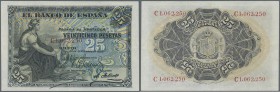 Spain: 25 Pesetas 1906 P. 57a, S/N C1062250, light center fold, pressed (even this would not have been necessary), very strong paper, original colors,...