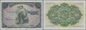 Spain: 50 Pesetas 1906 P. 58a, S/N A2486768, light center fold, pressed (even this would not have been necessary), very strong paper, original colors,...