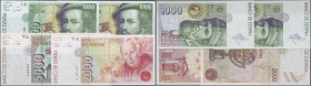 Spain: set of 4 notes containing 2x 1000 Pesetas ND P. 163 (aUNC & UNC), 2000 Pesetas serial ”R 424995” ND P. 164 (aUNC) and 5000 Pesetas ND serial w/...