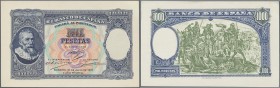 Spain: 1000 Pesetas 1937 Specimen Proofs Pick unlisted, highly rare unissued design, printed as proof on 2 thicker papers, front and back seperatly pr...