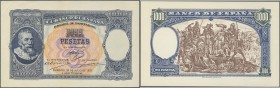 Spain: 1000 Pesetas 1937 Specimen Proofs Pick unlisted, highly rare unissued design, printed as proof on 2 thicker papers, front and back seperatly pr...