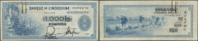 Tahiti: 1000 Francs ND(1943) P. 18b, used with folds, stain of paper clip at upper left, black overprint on French Indochina 100 Piastres note, severa...