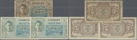 Thailand: Set with 3 Banknotes of the ND (1946) ”King Rama VIII - US Printing” Issue comprising 2 x 1 Baht P.63 in aUNC and 10 Baht P.65 in almost wel...