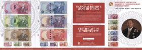 Tonga: Set with 6 Banknotes of the commemorative issue ND(2015) in original folder with handwritten signature of the Governor on back with 2, 5, 10, 2...