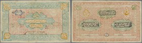 Uzbekistan: Bukhara Emirate 3000 Tengas AH1337 (1918), P.9, still strong paper with two tiny holes at center, tiny border tears and several folds. Con...