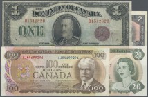Canada: set of 21 notes containing 25 Cents 1900 P. 9b (VG), 1 Dollar ”The Dominion of Canada” 1923 P. 33 (pressed F to VF), 10 Dollars 1954 P. 69 (VG...