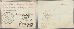 Deutschland - Altdeutsche Staaten: Mainz, Belagerungsgeld 3 Livres 1793 mit Serie ”A”, PiRi A 599, kleine geknickte Ecke oben rechts und kleinere Flec...