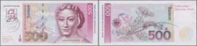 Deutschland - Bank Deutscher Länder + Bundesrepublik Deutschland: 500 DM 1991 Ersttagsnote, Ro.301 mit 40-Pfennig-Marke ”Maria Sybilla Merian” und Pos...