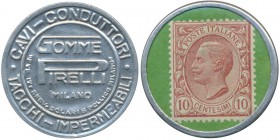 Deutschland - Briefmarkennotgeld: Italien, Briefmarken-Kapselgeld ”GOMME PIRELLI MILANO” mit 10 C. Victor Emanuel III. auf grünem Grund