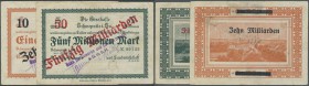 Deutschland - Notgeld - Sachsen: Schwepnitz, Bank für Gewerbe und Landwirtschaft GmbH, 10, 50 Mrd. Mark, o. D., Überdrucke auf 1 bzw. 5 Mio. Mark, Erh...
