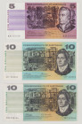 Australia 5 Dollars, ND (1972), VF, P39c, BNB B207c; Prefix NJR 10 Dollars, ND (1968), VF, P40c, BNB B208c; Prefix SGV 10 Dollars, ND (1972), UNC, P40...