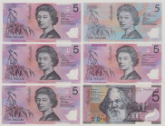 Australia 5 Dollars, ND (1992), UNC, P50a, BNB B218a, Prefix AA 5 Dollars, (19)95, UNC, P51a, BNB B219a, Prefix DD 5 Dollars, (20)01, UNC, P56a, BNB B...