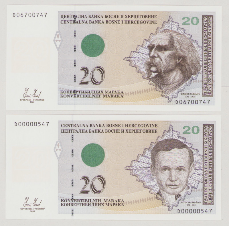 Bosnia - Herzegovina 20 Convertible Mark, 2008, UNC, P74a, BNB B218a; low # 20 C...
