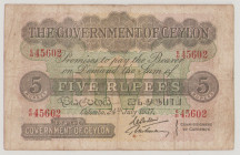 Ceylon 5 Rupees, 24.7.1937, VG, P23b, BNB B216h, stamps on back 

Estimate: 160-200