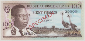 Congo, Dem. Republic 100 Francs, 1.8.1964, o/p SPECIMEN front and back, CB 000000, top right corner handwriting "240", P6s, BNB B203fs1, AU 

Estima...