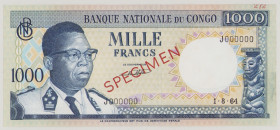 Congo, Dem. Republic 1000 Francs, 1.8.1964, o/p SPECIMEN front and back, J 000000, top right corner typewritten "272", P8s, BNB B205cs1, AU 

Estima...