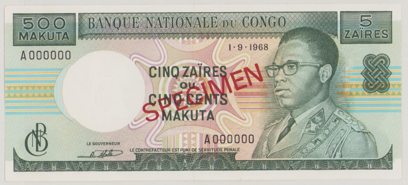 Congo, Dem.Republic 5 Zaires/500 Makuta, 1968, UNC, SPECIMEN, P13s2, BNB B210as1...