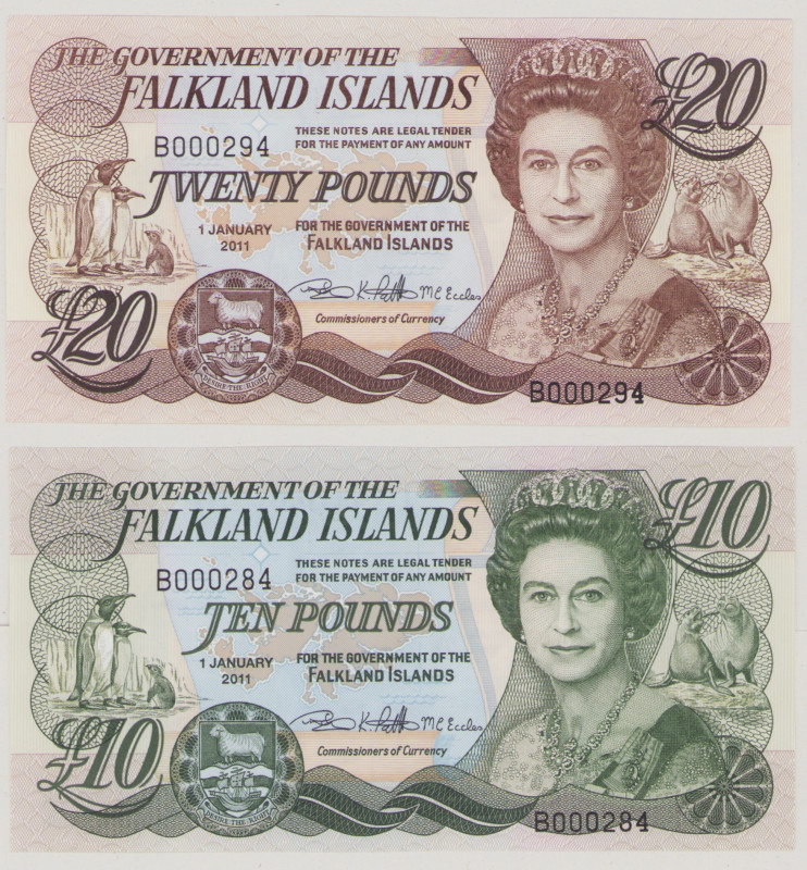 Falkland Islands 10 Pounds, 1.1.2011, UNC, P18, BNB B220b; low # 20 Pounds, 1.1....