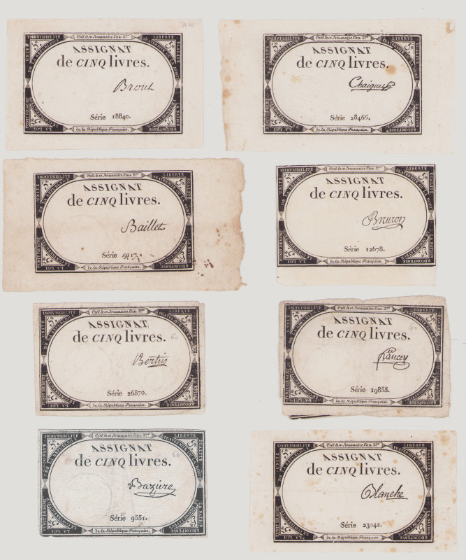 France 5 Livres, 31.10.1793, mostly VF (8pcs), PA76 eight different signatures ...