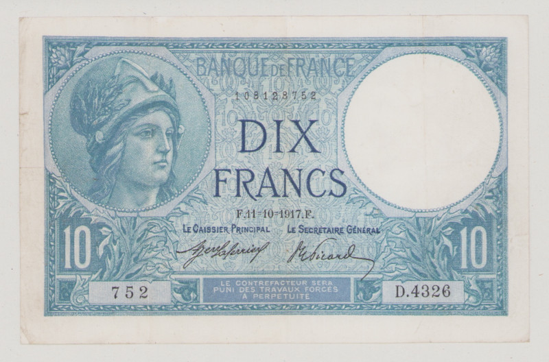 France 10 Francs, 11.10.1917, VF, P73a, Fayette F6.2 sign. Laferriere-Picard 
...