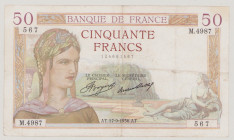 France 50 Francs, 17.9.1936, VF, P81, Fayette F17.30 sign.Boyer-Strohl, pinholes 

Estimate: 50-80