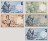 Israel 1/2 Lira, 1958, UNC, P29a, BNB B406a; 1 Lira, 1958, F, P30a, BNB B407a; black s/n, 1 Lira, 1958, UNC, P30b, BNB B407b; red s/n, 1 Lira, 1958, U...