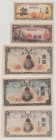 Japan 5 Sen, ND (1944), UNC P52a, BNB B323a 10 Sen, ND (1944), UNC P53a, BNB B324a 1 Yen, ND (1943), UNC P49a, BNB B325a 1 Yen, ND (1944), VF P54a, BN...