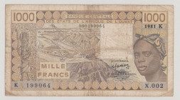 West African States - Senegal 1000 Francs, 1981, VG, P707Kb, BNB B112Ka2, error created by stuck numbering equipment 

Estimate: 20-30