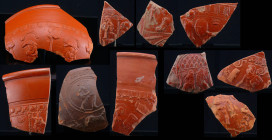 Romain - Lot de sigillées (gladiateurs) - 100 / 200 ap. J.-C.
Lot de 10 fragments de sigillées avec des décors mettant en scène des gladiateurs. 9 fr...
