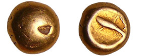France - Sénons - Quart de statère en forme de pois chiche (100-80 av. J.-C.)
A/ Anéphigraphe. Globulaire lisse. 
R/ Concave. Au centre du creux, un...