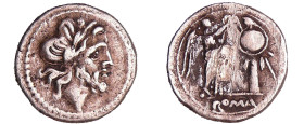Anonyme - Victoriatus (211 av. J.-C.)
A/ Anépigraphe. Tête laurée de Jupiter à droite. 
R/ Anépigraphe. Victoire debout à droite tenant une couronne...