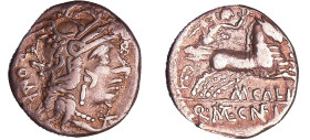 Calidia - Denier (117 - 116 av. J.-C.)
A/ ROMA. Tête casquée de Rome à droite, XVI sous le menton. 
R/ M.CALID / Q.ME.CNF L. La Victoire sur un bige...