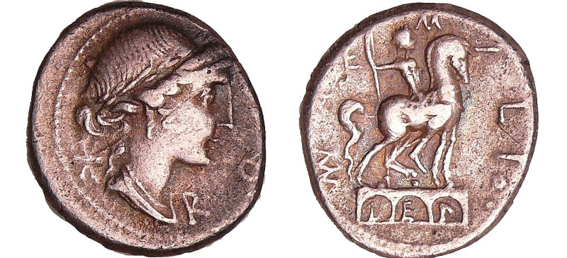 Aemilia - Denier (114-113 av. J.-C.)
A/ RO(MA) en monogramme. Buste lauré, diad...