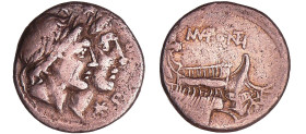 Fonteia - Denier (108-109 av. J.-C.)
A/ Têtes laurées des Dioscures, deux étoiles au-dessus et une devant. 
R/ MV.FONTEI. Galère. 
TTB
RRC.307/1-R...