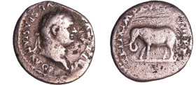 Titus - Denier (80, Rome) - Eléphant
A/ IMP TITVS CAES VESPASIAN AVG P M. Tête laurée à droite. 
R/ TR P IX IMP XV COS VIII P P. Eléphant à gauche....