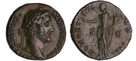 Antonin le Pieux - Sesterce (146, Rome)
A/ ANTONINVS AVG PIVS P P TR P Buste radié à droite. 
R/ HONORI AVG COS IIII // SC Honos debout à gauche ten...