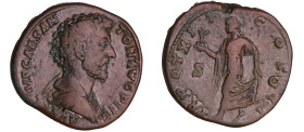 Marc Aurèle - Sesterce (158-159, Rome) - La Vertu
A/ AVRELIVS CAESAR AVG PII F. Buste nu à droite. 
R/ TR POT XII COS II La Vertu debout à gauche te...