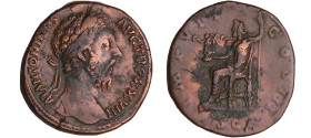 Marc Aurèle - Sesterec (175, Rome) - Jupiter
A/ M ANTONINVS AVG GERM TR P XXIII Buste lauré à droite. 
R/ IMP VII COS III Jupiter assis à gauche ten...