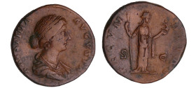 Faustine jeune - Sesterce (161-175, Rome) - La Fécondité
A/ FAVSTINA AVGVSTA. Buste à droite. 
R/ FECONDITAS // SC. La Fécondité debout à droite, te...